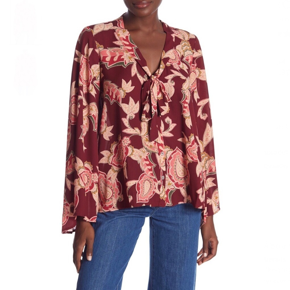 Show Me Your Mumu Brynn Paisley Boho Blouse Tie Neck Burgundy XS NWT - Picture 16 of 16